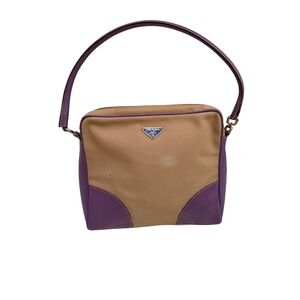 Prada Canapa Cinghiale Shoulder Bag Tan Purple Canvas Leather Vintage Y2K